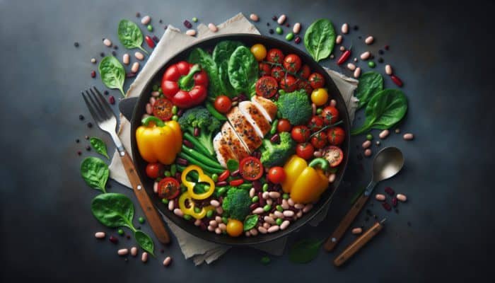 A colourful skillet meal with vegetables, chicken, and beans, offering nutrition and vibrant flavours.