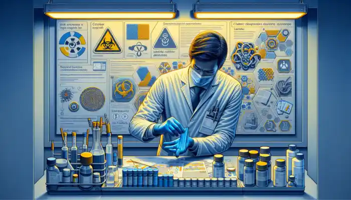 When Should Nitrile Protective Gloves Be Worn?: Scientist in white coat examines blue nitrile gloves in a UK lab, surrounded by HSE documents and safety symbols.