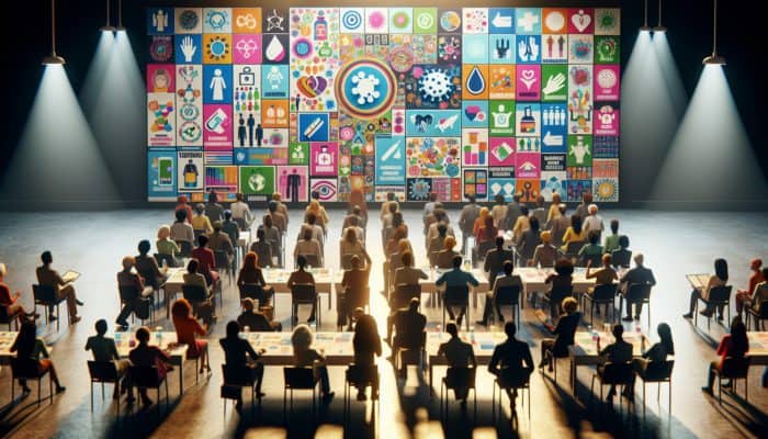 Diverse people in a vibrant workshop reviewing posters on handwashing, vaccination campaigns, and resource allocation for pandemics.
