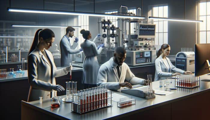 Scientists in white coats prepare supplement samples in test tubes, operate advanced equipment, analyze data on screens, and verify purity in a modern lab.