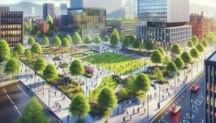 A vibrant urban park in Manchester with greenery, people active and socializing, surrounded by modern architecture.