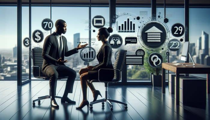 Debt Consolidation Loan Payoff Acceleration Tips: UK Strategies | DCL Financial expert advising client on credit score improvement for debt consolidation, with city skyline view.