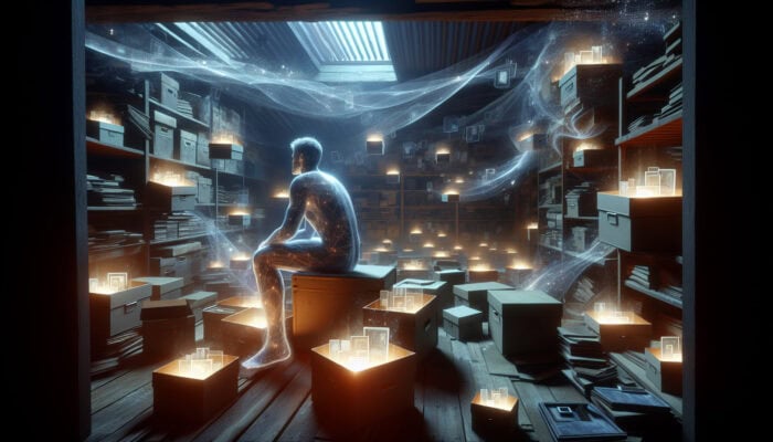 An introspective person sits in a cluttered attic, surrounded by glowing keepsake boxes and ethereal smoke of fading memories.