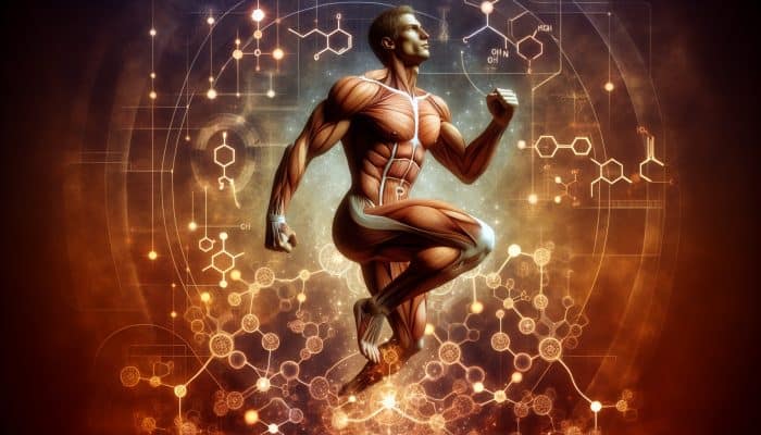 A muscular man in a dynamic pose, surrounded by glowing hormone molecules and body diagrams, in warm tones symbolizing men's health and vitality.