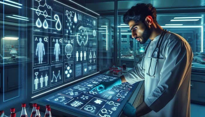 A focused medical professional in a modern Great Malvern lab examines blood group results on a digital screen, surrounded by glowing test tubes and compatibility charts.