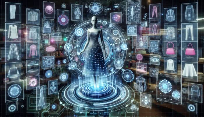 Futuristic holographic fashion assistant analyses data streams on glowing screens, surrounded by floating dresses and AI circuits.