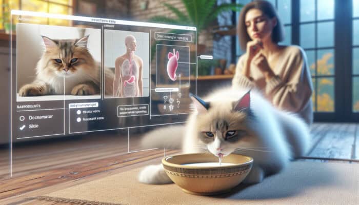 A fluffy cat eagerly laps milk from a ceramic bowl, looking relaxed, as a concerned owner observes in a sunlit kitchen.