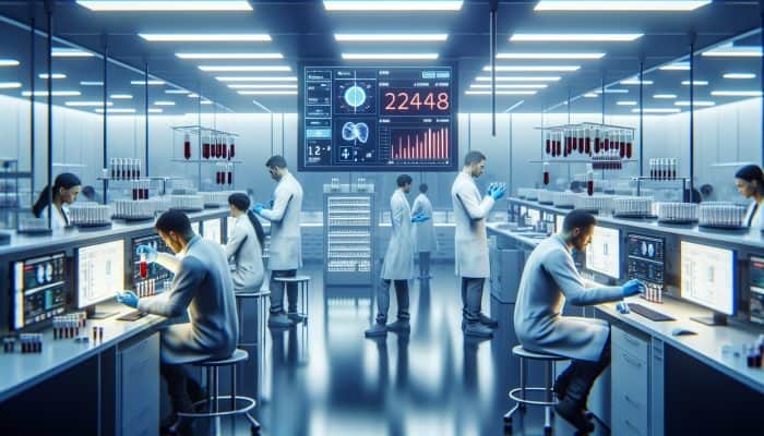Technicians in white coats analyse liver blood samples in a modern UK laboratory, with timers indicating 24-48 hour processing times.