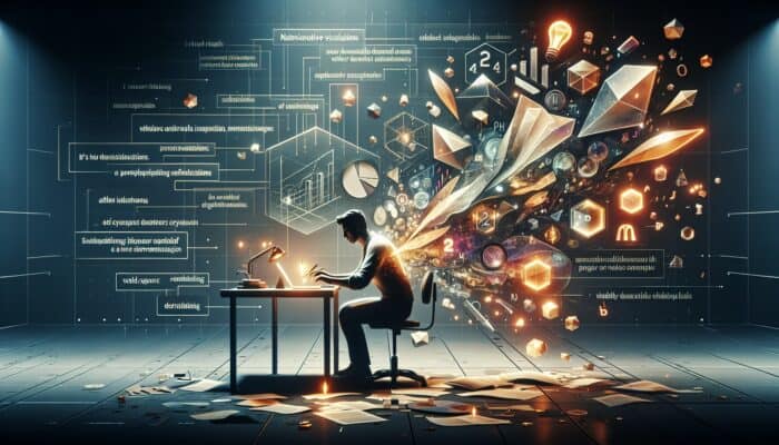 Focused writer at a sleek desk surrounded by glowing persuasive text, vibrant storytelling scenes, and floating balanced data charts.