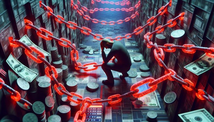 Stressed individual entangled in glowing red chains of oversized banknotes and coins in a shadowy urban maze, symbolizing debt rejection and financial despair.