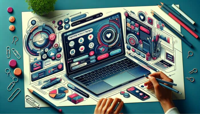 A vibrant digital illustration of a modern e-commerce page on a laptop, characterised by intuitive navigation, easy buttons, and engaged users browsing.