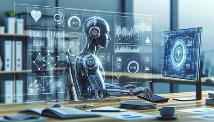 Focused virtual assistant at a sleek desk analyzes digital dashboard with rising task graphs, time trackers, and stress meters.