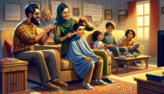 In a cozy living room, a parent gives a quick haircut to a smiling child, while siblings watch TV, fostering family bonding with warm lighting.