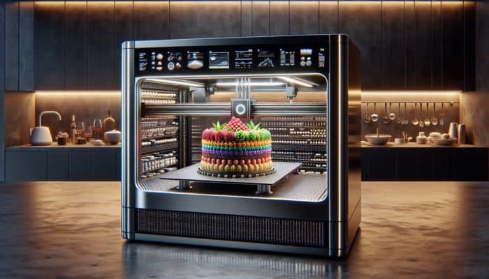 A futuristic 3D food printer in a modern kitchen layering colorful edible materials into an intricate dessert with vibrant patterns.