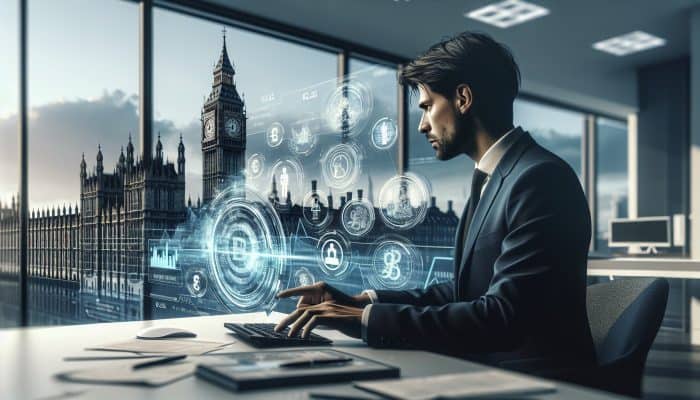 Simple Ways to Prepare for a Debt Consolidation Loan | DCL Determined professional in modern London office reviews debt loan documents on laptop, surrounded by British currency, credit graphs, ID proofs, and Big Ben.