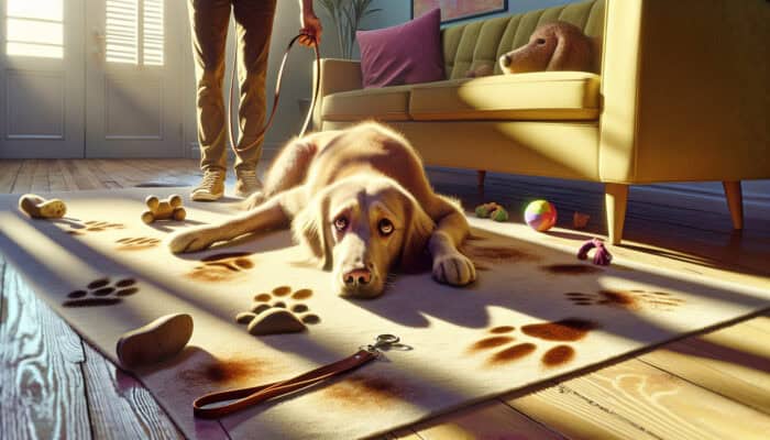 Lethargic golden retriever lies anxiously on a sunlit rug, ignoring toys, with a concerned owner and subtle urine stains.