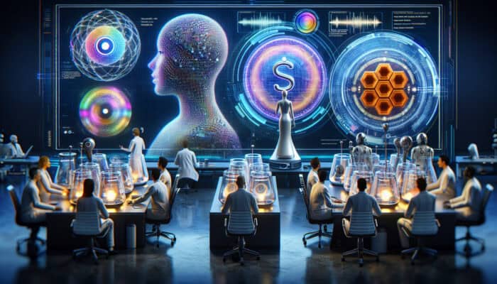 Scientists in a futuristic Stanford lab develop AI virtual assistants, with holographic displays of evolving algorithms, voice recognition, and Siri/Alexa icons.