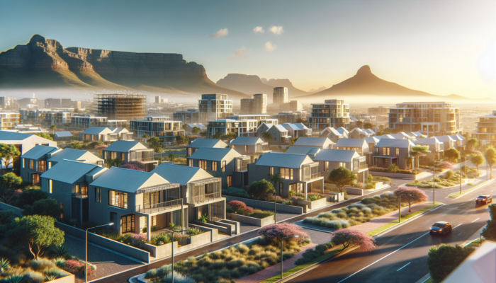A sunny Cape Town neighbourhood featuring modern flats, starter homes, various architectural styles, lush greenery, and scenic views of Table Mountain.