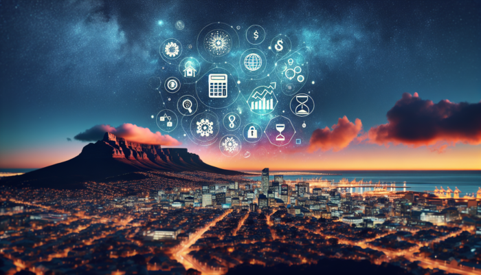 Cape Town skyline at dusk, featuring Table Mountain and symbols of affordability like graphs, charts, and maps against a starry sky.