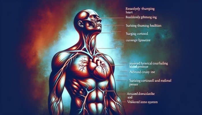 Illustration of a stressed human figure with a straining heart and surging hormones, symbolising hypertension and weakened immunity.