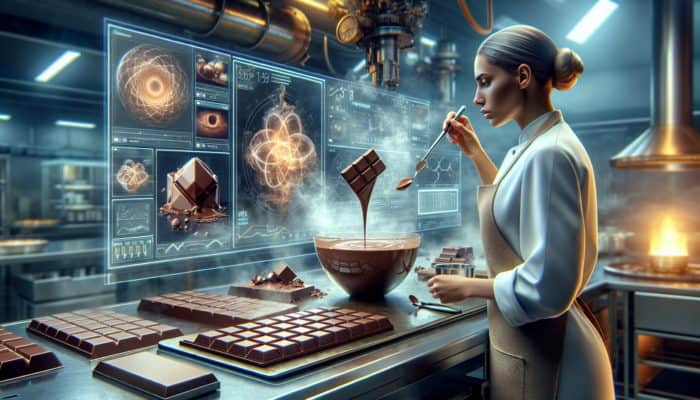 A chocolatier in a professional kitchen examines melted chocolate's glossy surface and snaps a tempered bar, surrounded by tools, steam, and cocoa hues.