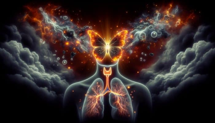 Can Thyroid Issues Cause Anxiety: A vibrant butterfly-shaped thyroid gland glows in the neck, releasing T3 and T4 hormones that transform brain anxiety clouds into rays of emotional serenity.