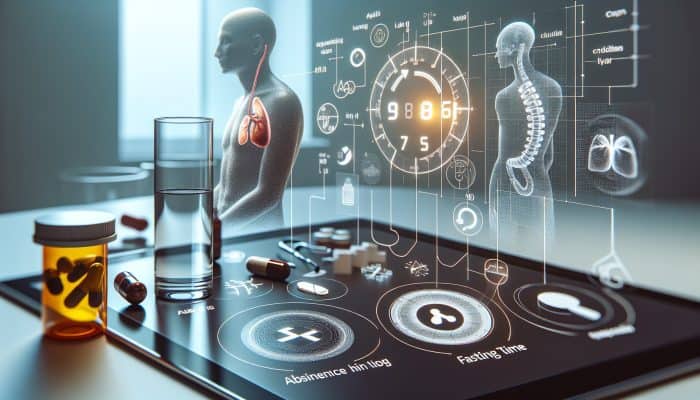 Patient in clinic reviews NHS guidelines on tablet, with fasting clock, water glass, and crossed pill for kidney test prep.