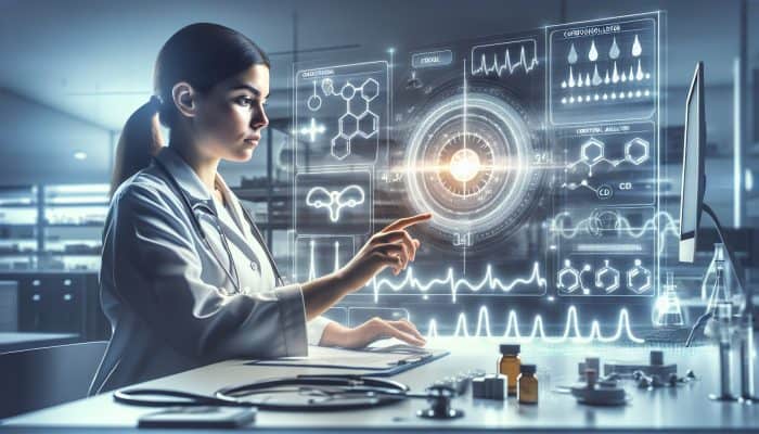 An endocrinologist in a modern lab analyses a cortisol graph with a clock, surrounded by medical tools and glowing monitors.