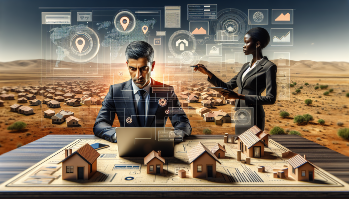 Investor reviews housing market trends on a laptop in Colesberg, surrounded by maps and charts, with agent pointing to arid landscape neighborhoods.