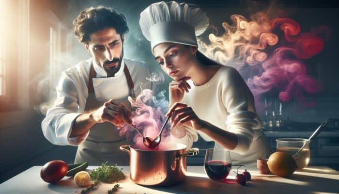 A chef adds fresh lemon juice to a simmering red wine reduction in a copper saucepan, with steam rising in a sunlit kitchen.