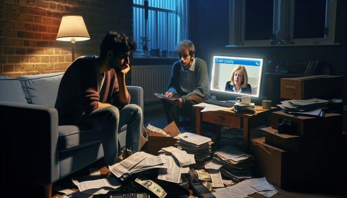 Do You Need a Job for Debt Consolidation: Key Considerations | DCL Worried unemployed borrower at cluttered desk with bills in dimly lit UK flat, viewing debt charity advisor on laptop.