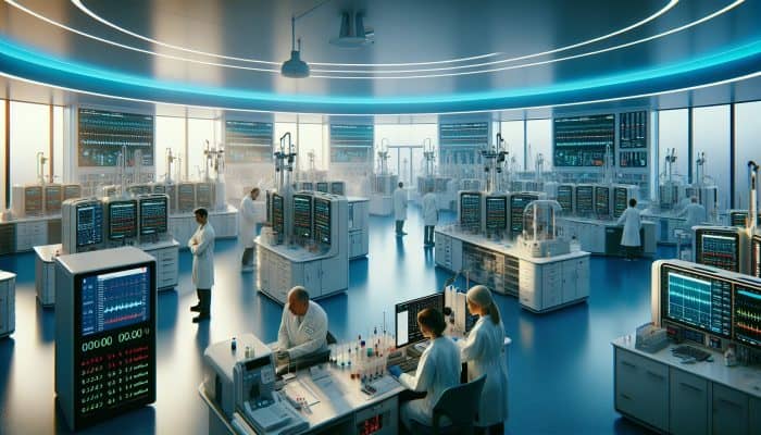 Scientists in white coats operate advanced diabetes blood testing machines in a modern UK lab, with screens displaying precise results.