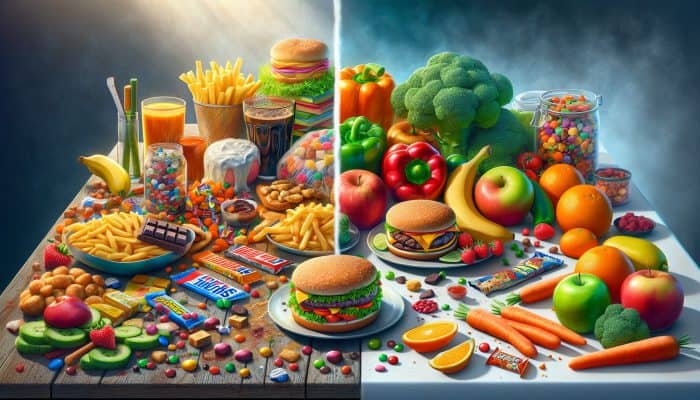 A split-image illustration: one side shows cluttered processed foods like fast food and snacks causing fatigue; the other, vibrant fresh fruits and vegetables radiating energy.