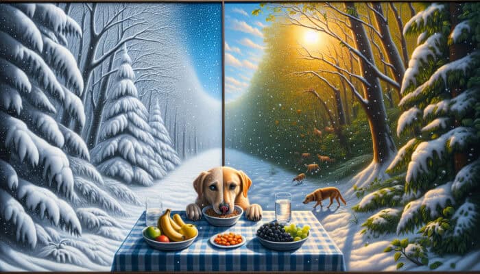 Seasonal Diet Shifts for Pets: A dog eating a hearty meal in a snowy forest, contrasted with it sipping water and nibbling fruits under a sunny tree.