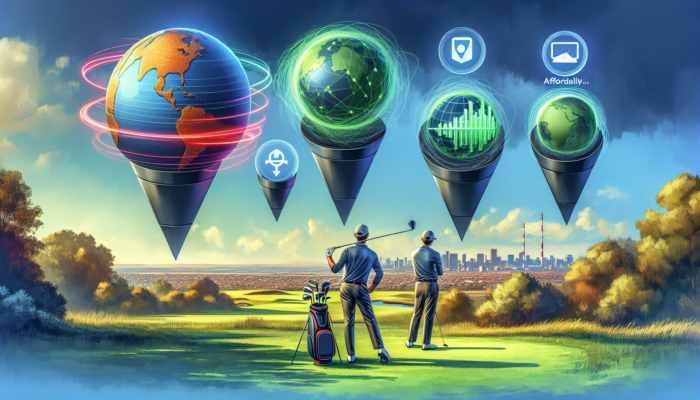 A golfer in Johannesburg compares Arccos Caddie, Shot Scope, SkyCaddie, and GolfBuddy on a lush green course under a sunny sky.