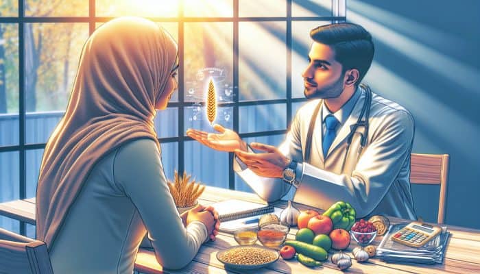 A compassionate doctor discusses positive gluten intolerance results with a patient in a sunlit clinic, surrounded by symbols of fresh gluten-free foods.
