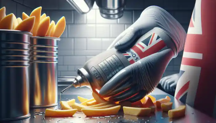 Vinyl Gloves in Food Prep and Cleaning: Close-up of vinyl gloves handling greasy fish and chips in a bustling UK kitchen, showcasing oil resistance and hygiene standards.