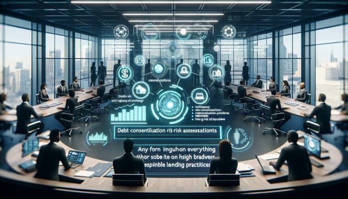 How AI Improves Debt Consolidation Loans: Benefits Explained | DCL AI-driven holographic graphs in a futuristic UK financial hub display debt consolidation risks for low-risk borrowers among diverse professionals.