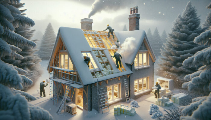 Winter Prep Ideas for UK House Clearance: Workers installing fibreglass batts, cellulose flakes, and spray foam in a snowy UK home's loft and walls for energy efficiency.