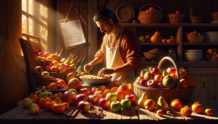 A baker selects fresh seasonal fruits?Granny Smith apples, Fuji apples, pears, persimmons, and quinces?on a sunlit wooden table.
