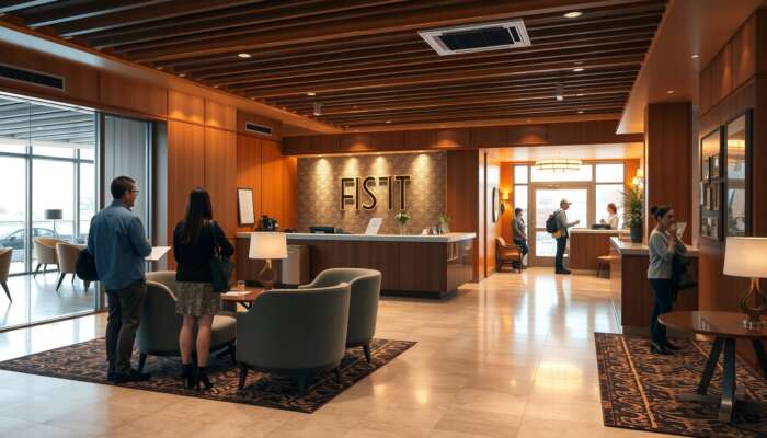 Cozy hotel lobby with warm lighting, comfortable seating, and a welcoming reception desk, filled with guests socializing and checking in, highlighting a friendly atmosphere and cleanliness.