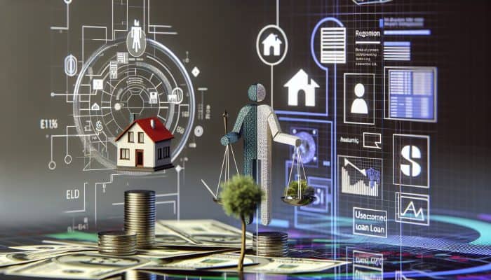 Choosing Your First Debt Consolidation Loan | DCL Choosing Your First Debt Consolidation Loan: A person balancing a model house and a stack of cash, with Barclays and Nationwide signs, in a modern cityscape.