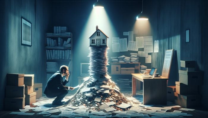 Choosing Your First Debt Consolidation Loan | DCL A worried UK homeowner in a dimly lit living room, surrounded by stacks of debt documents and a teetering house model on coins.