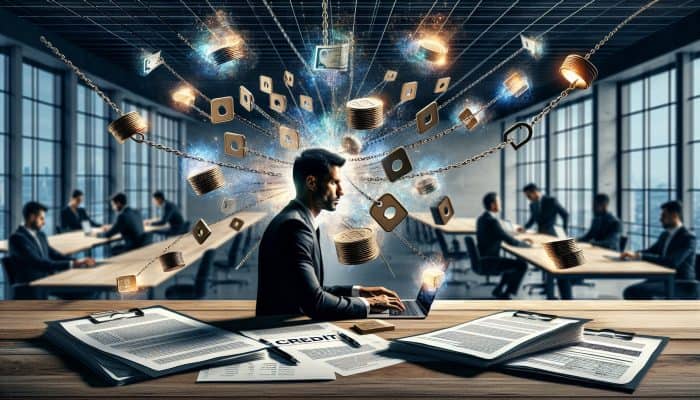 Choosing Your First Debt Consolidation Loan | DCL Borrower reviews credit reports in a modern London office, surrounded by documents and symbolic debt chains merging into a golden key for financial freedom.