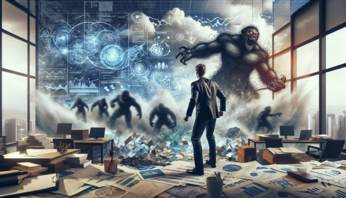 A determined small business owner in a cluttered Patchway office, surrounded by swirling algorithm storm clouds and shadowy competitor giants, strategizing for online survival.