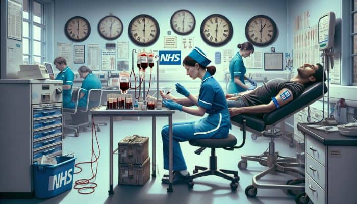 A nurse in a busy Wisbech clinic performs a blood grouping test on a patient, surrounded by clocks, charts, and NHS symbols, emphasising timely care.