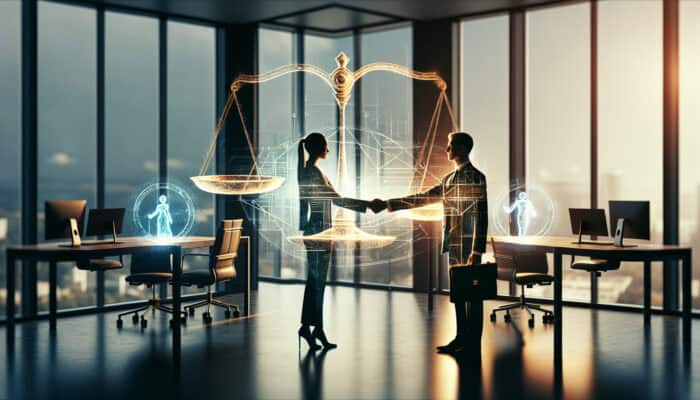 A professional handshake seals a contract renewal in a modern office, featuring holographic assistants, balance scales, and glowing keys symbolising trust.