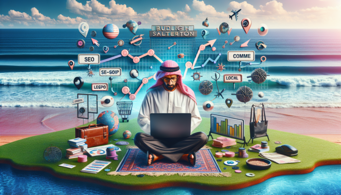 In Budleigh Salterton, a shop owner works at a laptop with floating SEO keywords, local maps, rising graphs, and ocean waves symbolizing success.