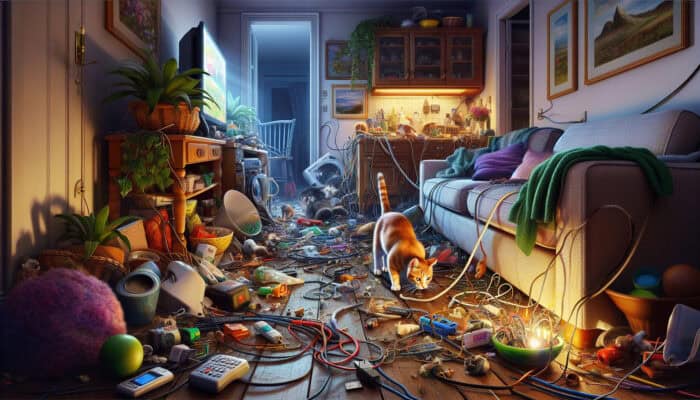 A curious cat sniffs an exposed electrical wire in a cluttered living room with sparking appliances nearby, highlighting pet safety risks.