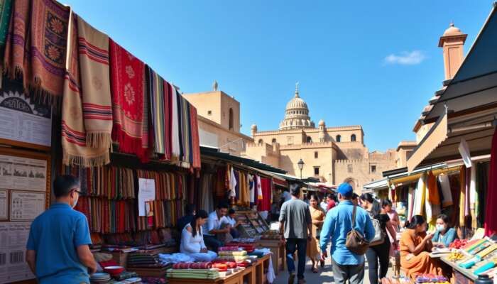 A vibrant market bustling with local artisans showcasing traditional crafts and colourful textiles, with visitors actively participating in cultural activities set against a backdrop of historic architecture under a clear blue sky.